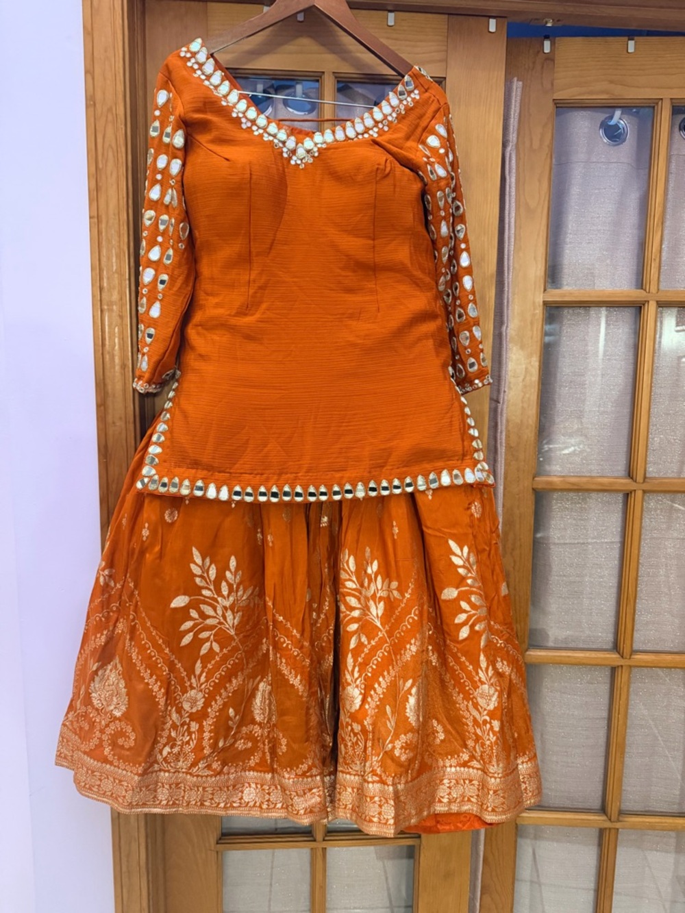 Orange🧡 lehenga with short kurti with Mirror Embellishments